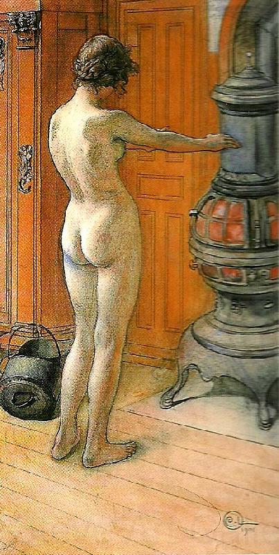 Carl Larsson leontine staende , naken rygg- naken flicka framfor kamin- framfor kaminen Germany oil painting art